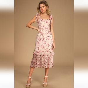 Lulus Terrace Views Taupe Floral Print Tiered Midi Dress